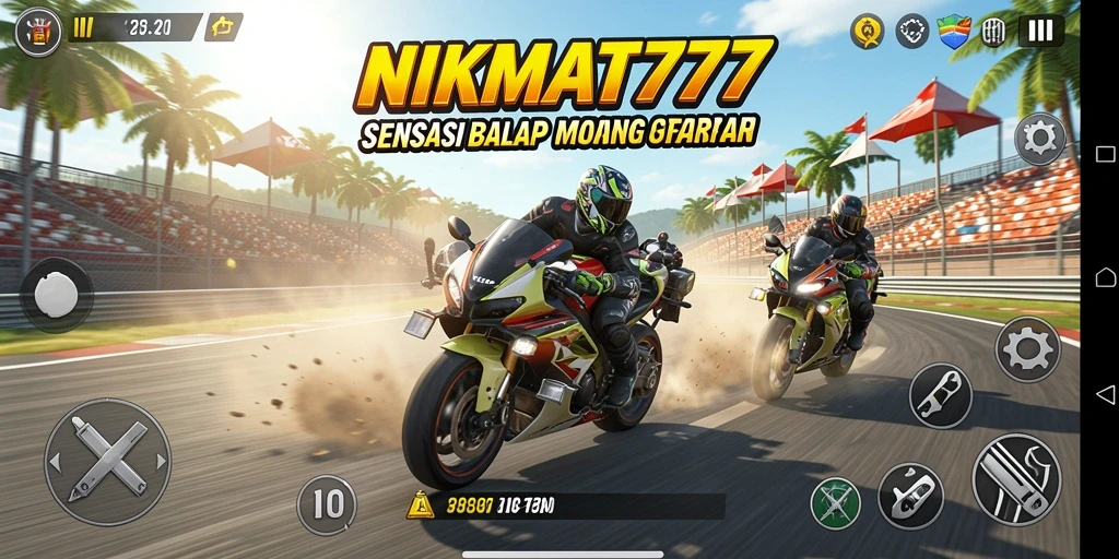Tampilan gameplay mendebarkan dari NIKMAT777 saat balapan motor.