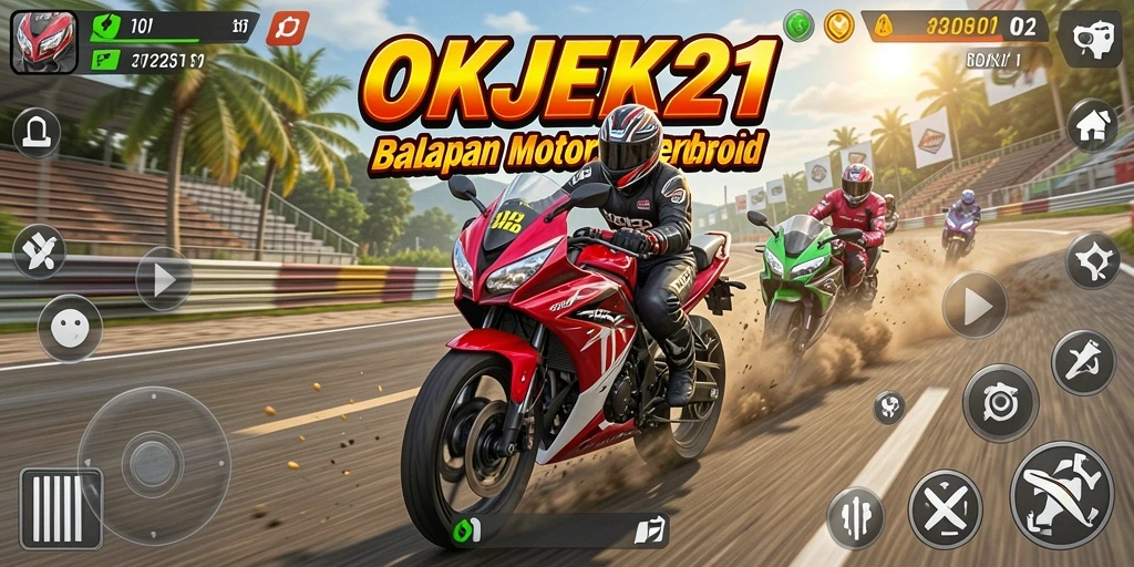 Tampilan gameplay OKJEK21 dengan motor balap di lintasan yang menantang.