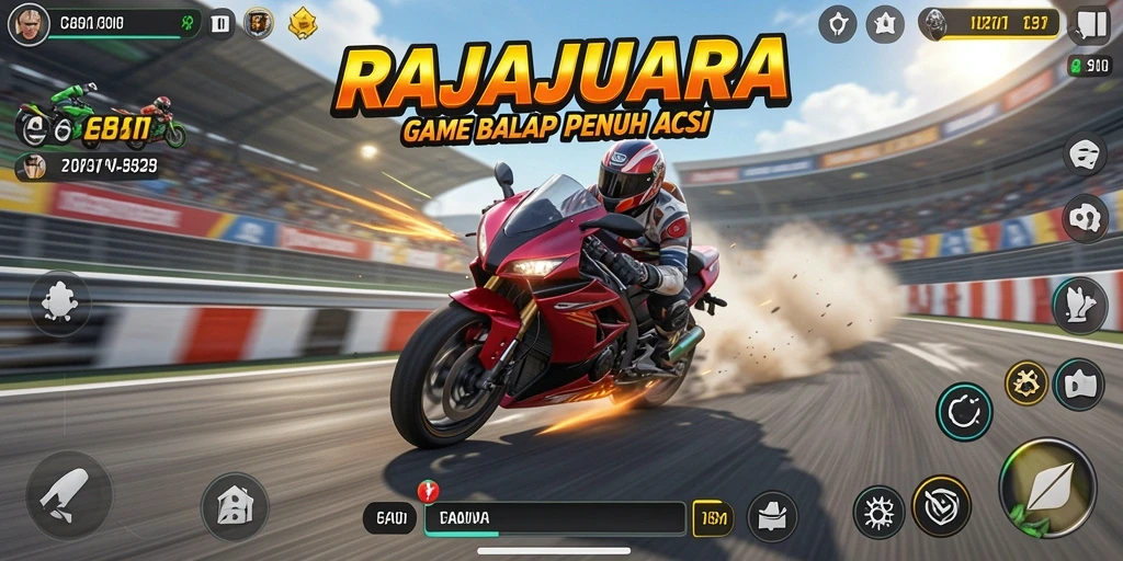 Screenshot gameplay RAJAJUARA menampilkan aksi balap motor yang mendebarkan.