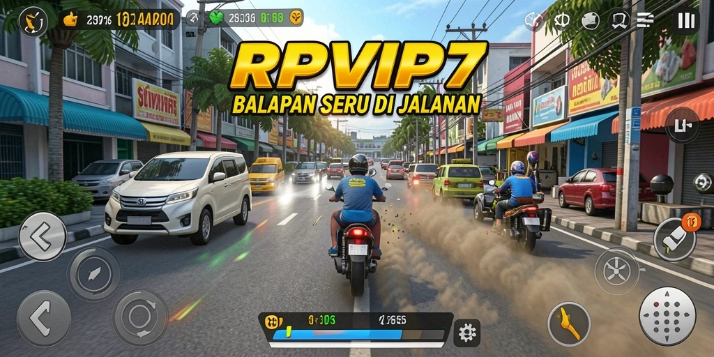 Screenshot gameplay RPVIP7 menampilkan mobil balap kencang di lintasan.